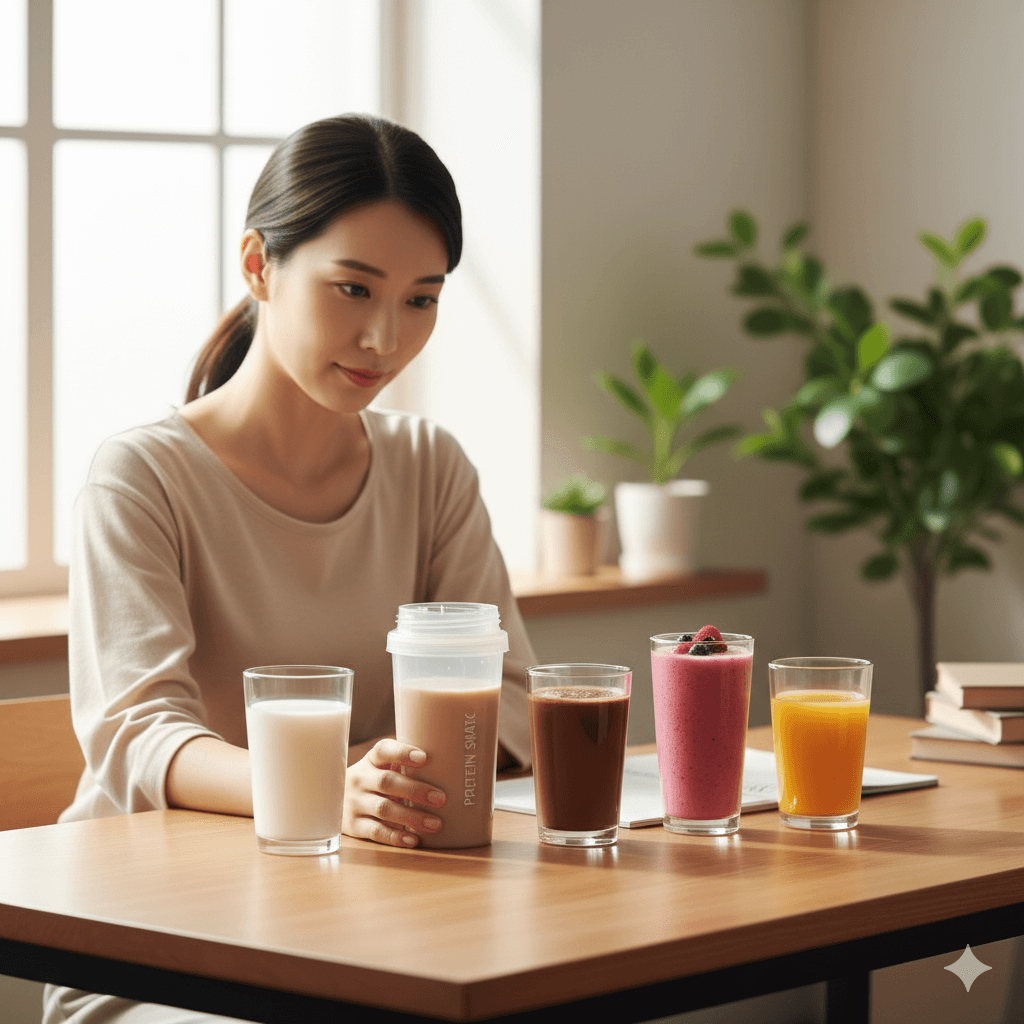 牛乳・プロテインシェイク・ココア・スムージーが並ぶ、痩せ型の人におすすめの太る飲み物の写真
