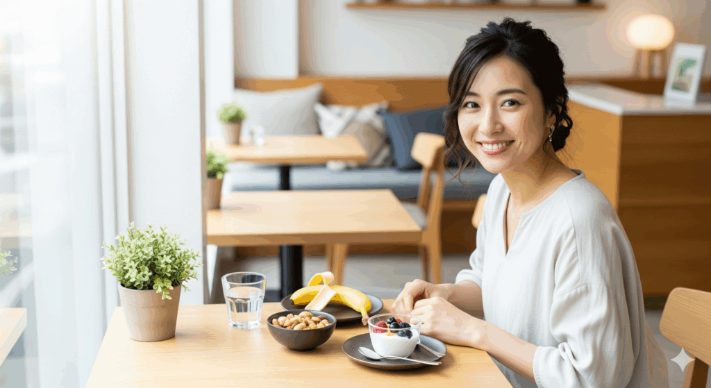 太る ため の 間食 おすすめとして紹介されるナッツ・バナナ・ヨーグルトを楽しむ女性のイメージ写真