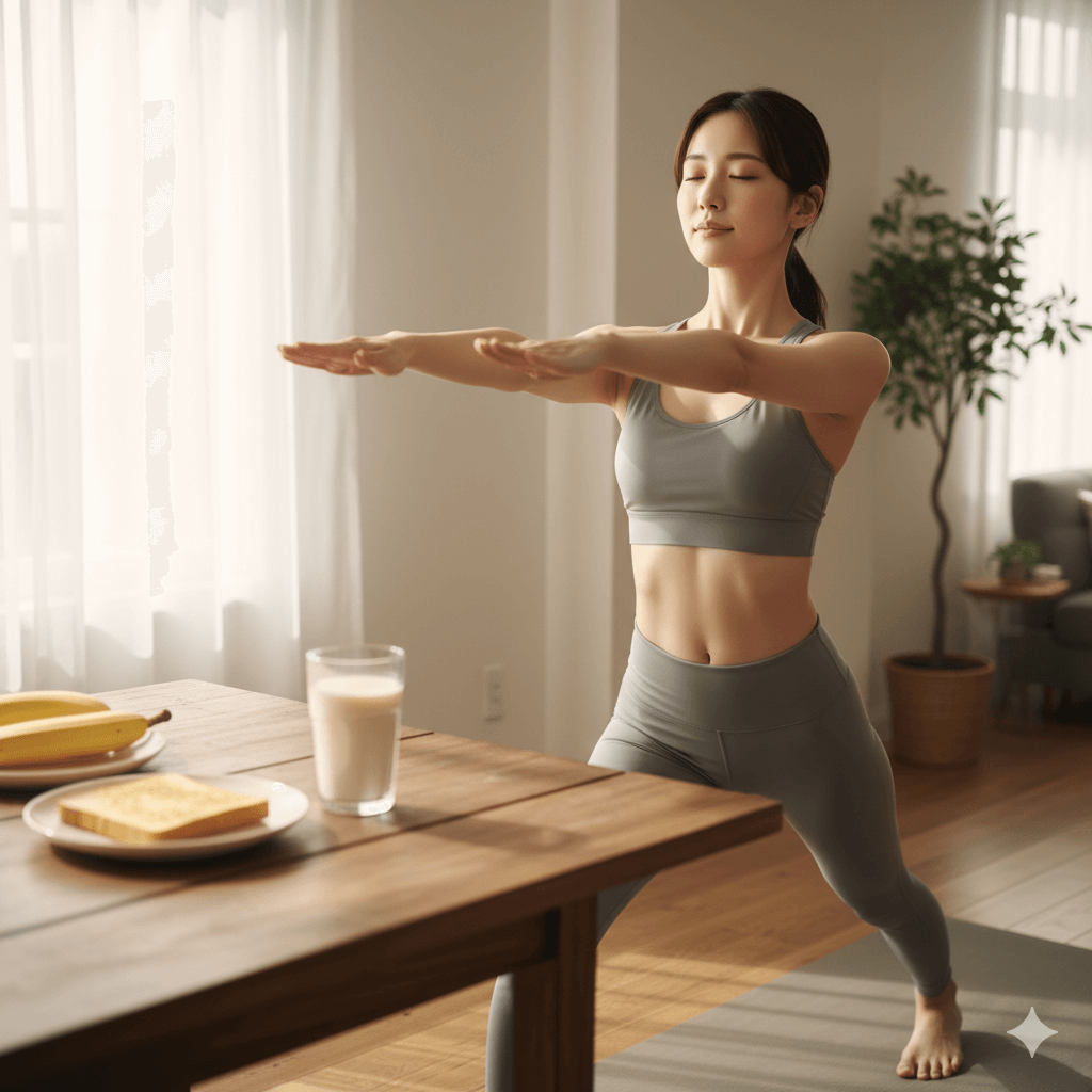朝のヨガをして食欲を高める生活習慣を実践する女性の写真
