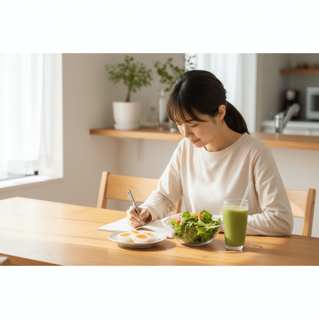 食事と運動を記録しながら卵料理を食べる日本人女性の健康的な朝のシーン