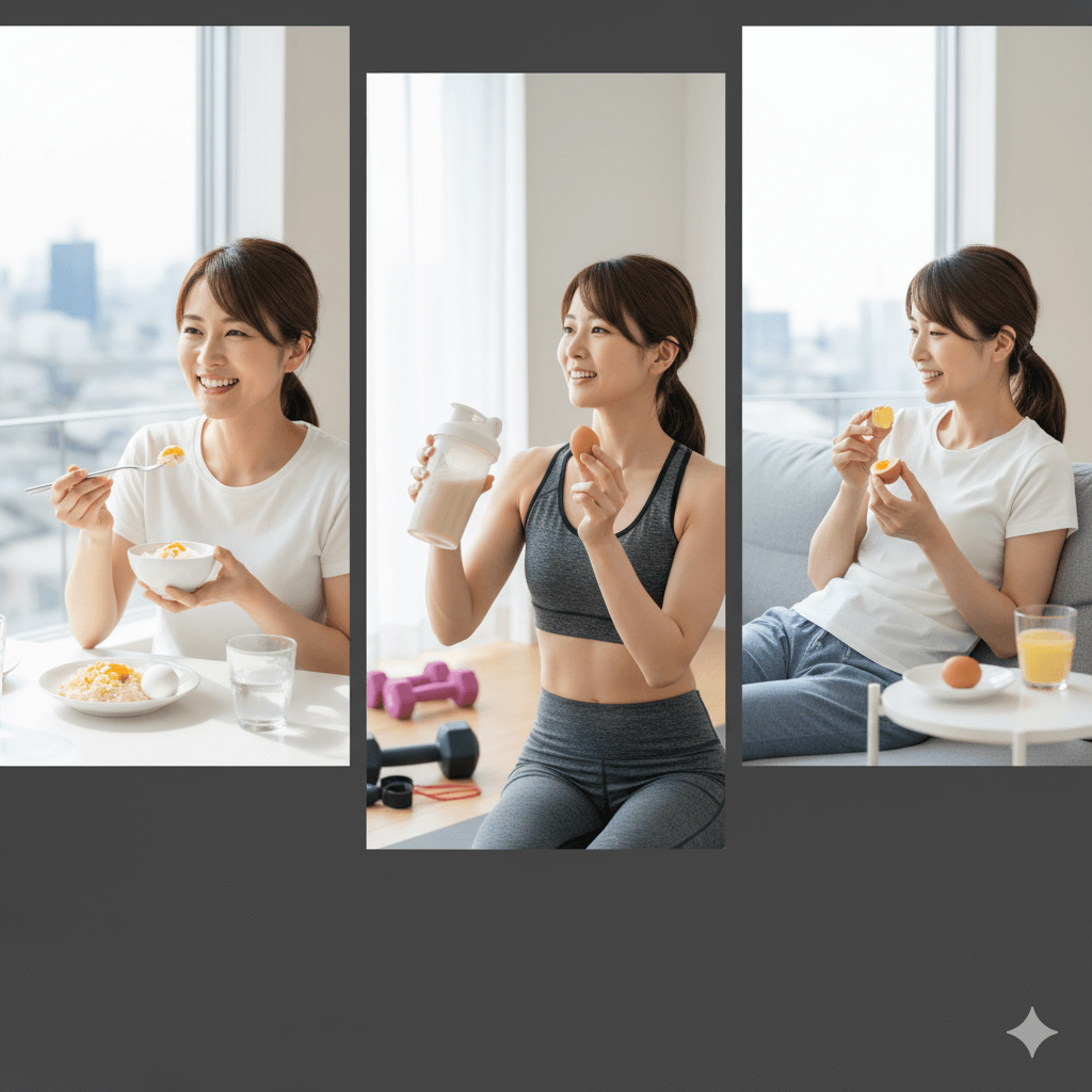 朝・トレーニング後・間食の3つのタイミングで卵を摂る女性の健康的な食習慣を表すイメージ