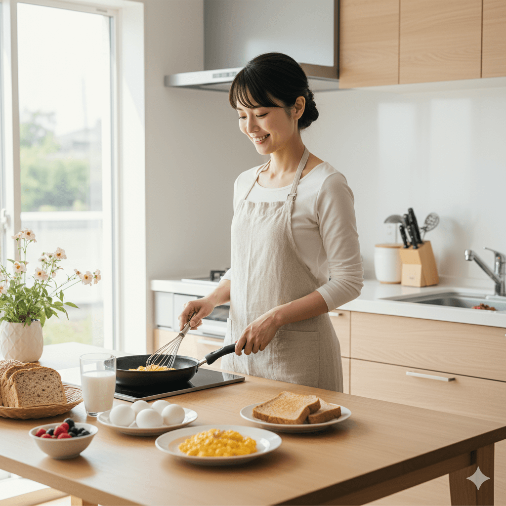 痩せ型の女性が朝のキッチンで卵料理を用意している健康的なシーン