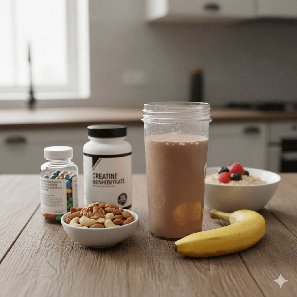 プロテインやナッツ、バナナ、オートミール、サプリメントが並び、痩せ型の人が補助食品で栄養を整える様子を表現した写真イメージ