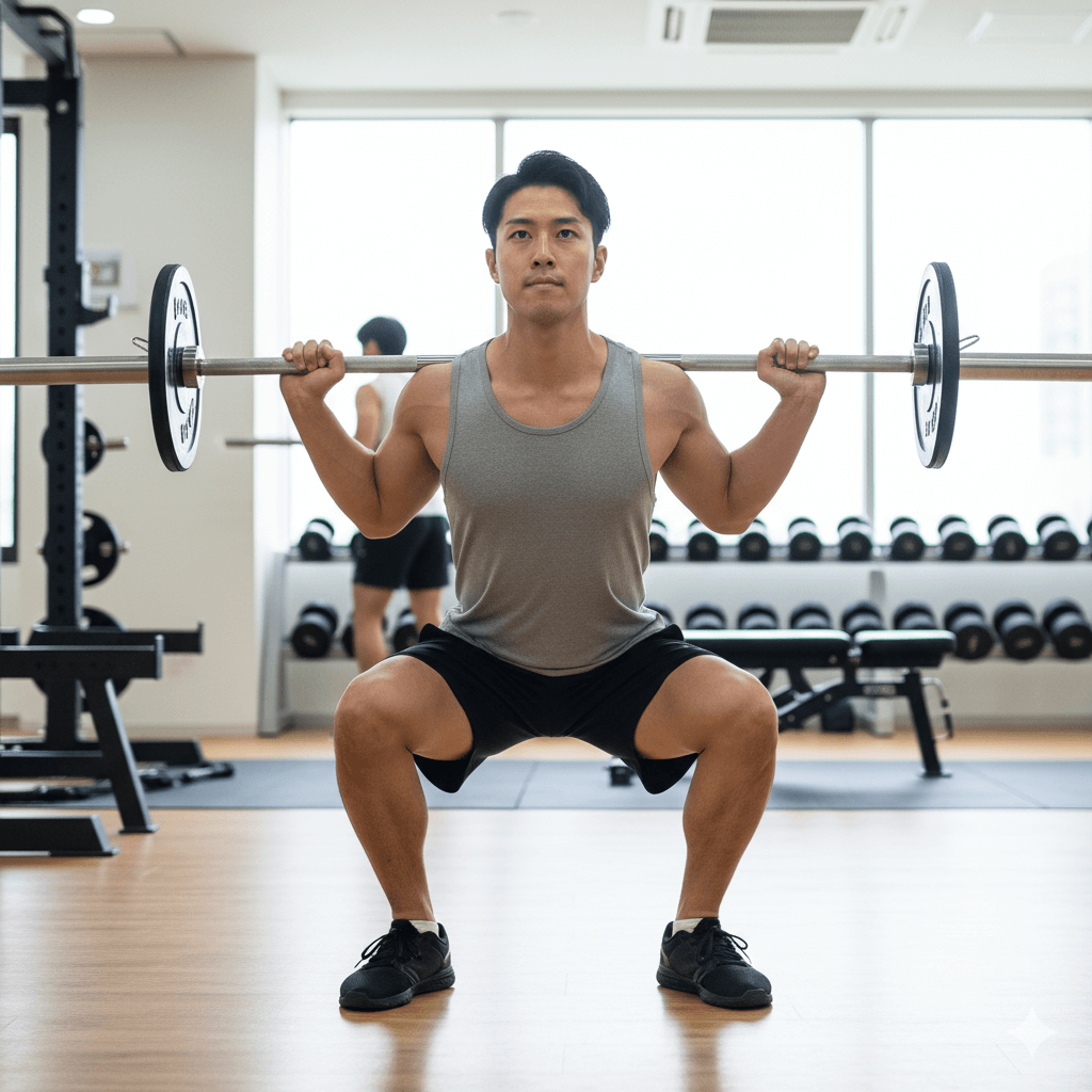 痩せ型の男性がスクワットを行い、大きな筋肉を鍛えて太りながら筋肉をつける様子を表現した写真