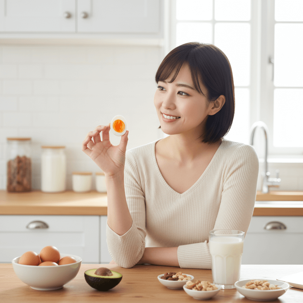 明るいキッチンでゆで卵を手に持ち、栄養バランスを意識した食卓に座る日本人女性のリアルな写真