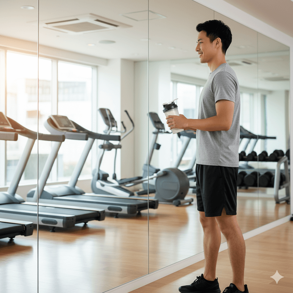 痩せ型男性がジムでプロテインシェイカーを飲みながら体重増加を目指す様子