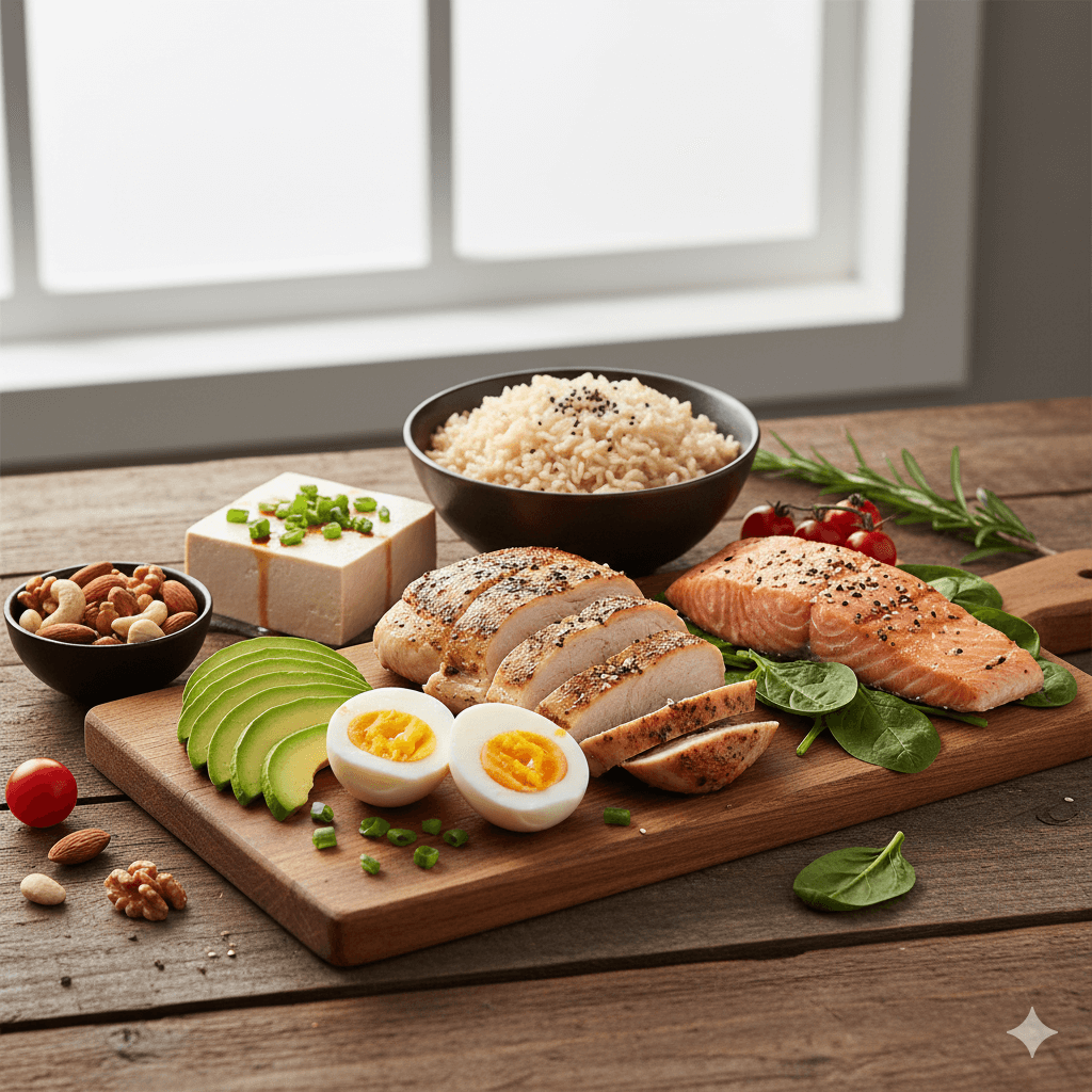 筋肉を増やすための食材が並んだバランスのよい食事例を表現した写真イメージ