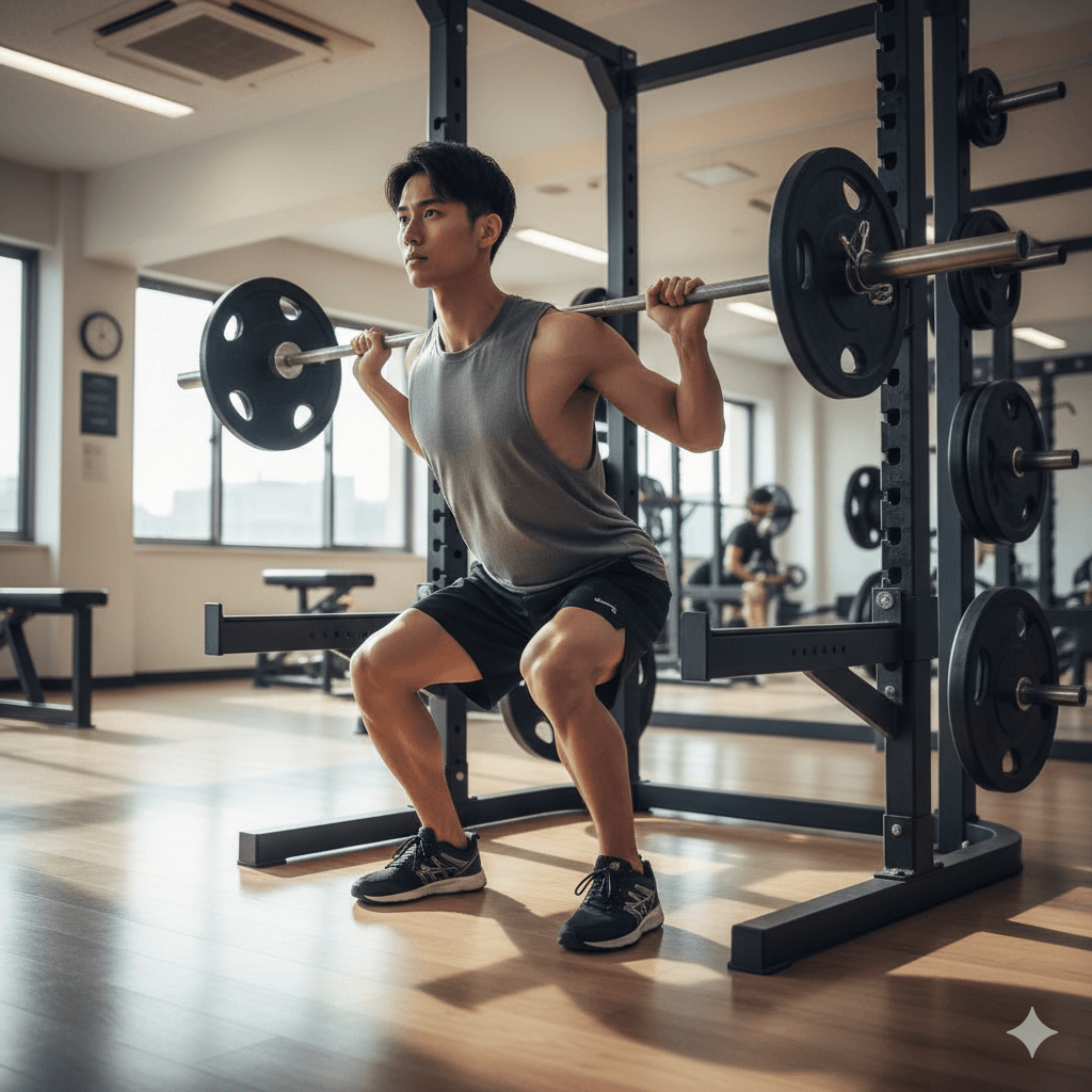 痩せ型の男性がジムでスクワットを行い、太りながら筋肉をつける姿をリアルに表現した写真イメージ
