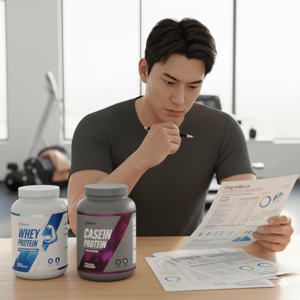 プロテインの成分やカロリーを比較して選ぶ男性の様子