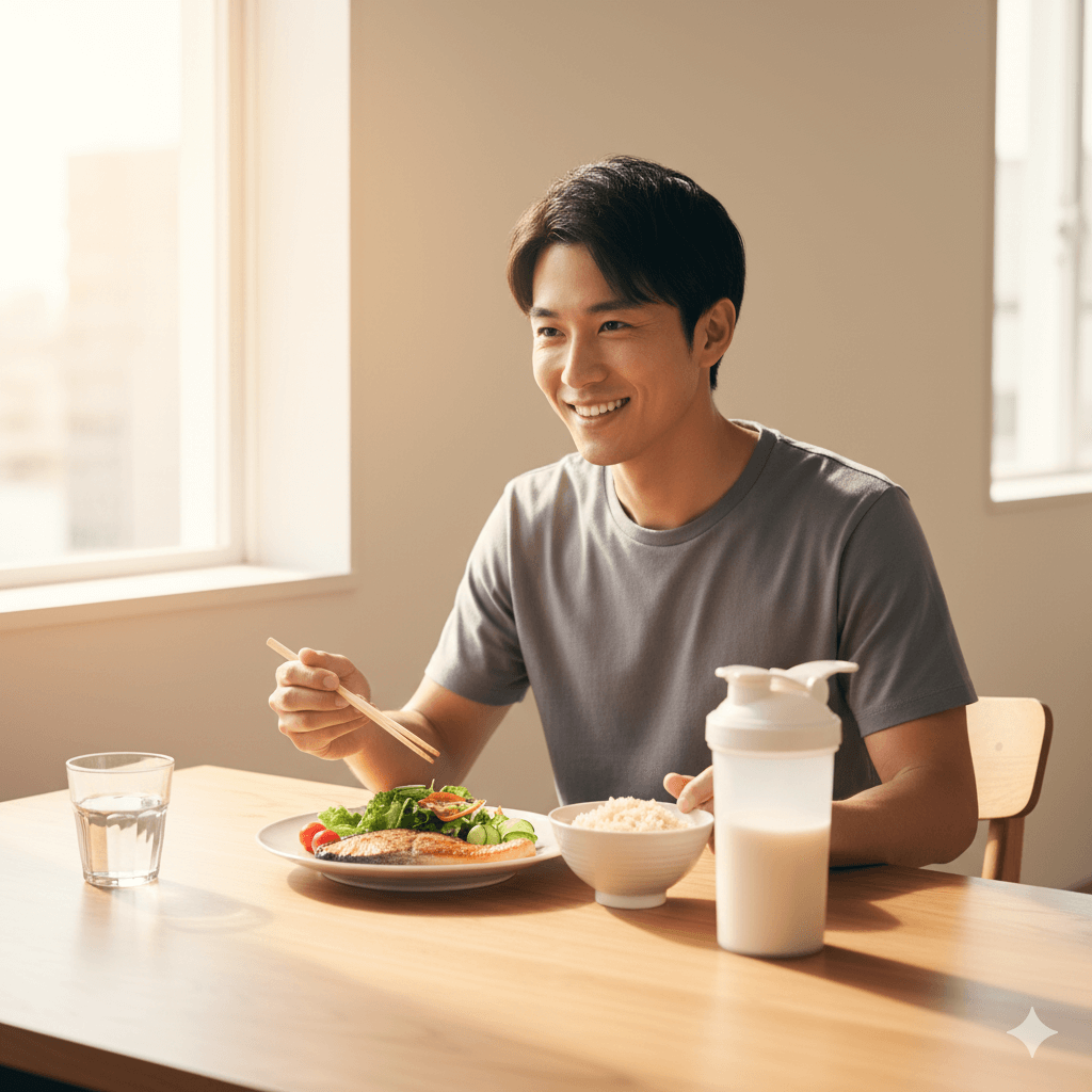 バランスの取れた食事とプロテインを取り入れる痩せ型男性の食卓