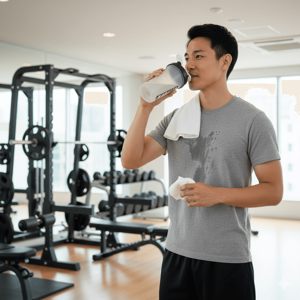痩せ型男性がプロテインシェイカーを手に体型改善を意識している姿