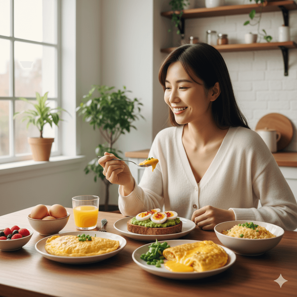 卵を使ったアボカドトーストやチーズオムレツを楽しむ日本人女性の健康的な食事シーン