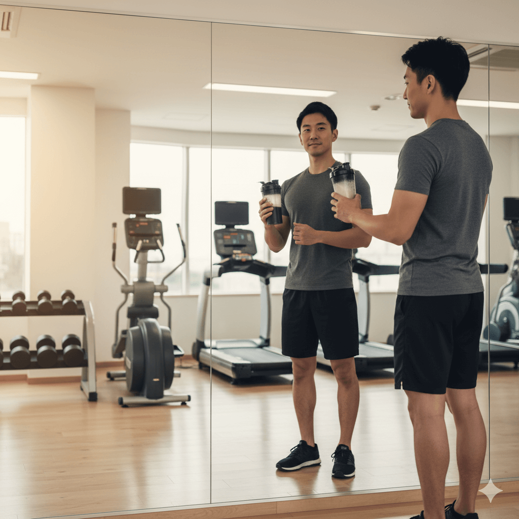 痩せ型男性がジムでプロテインシェイカーを飲みながら体重増加を目指す様子