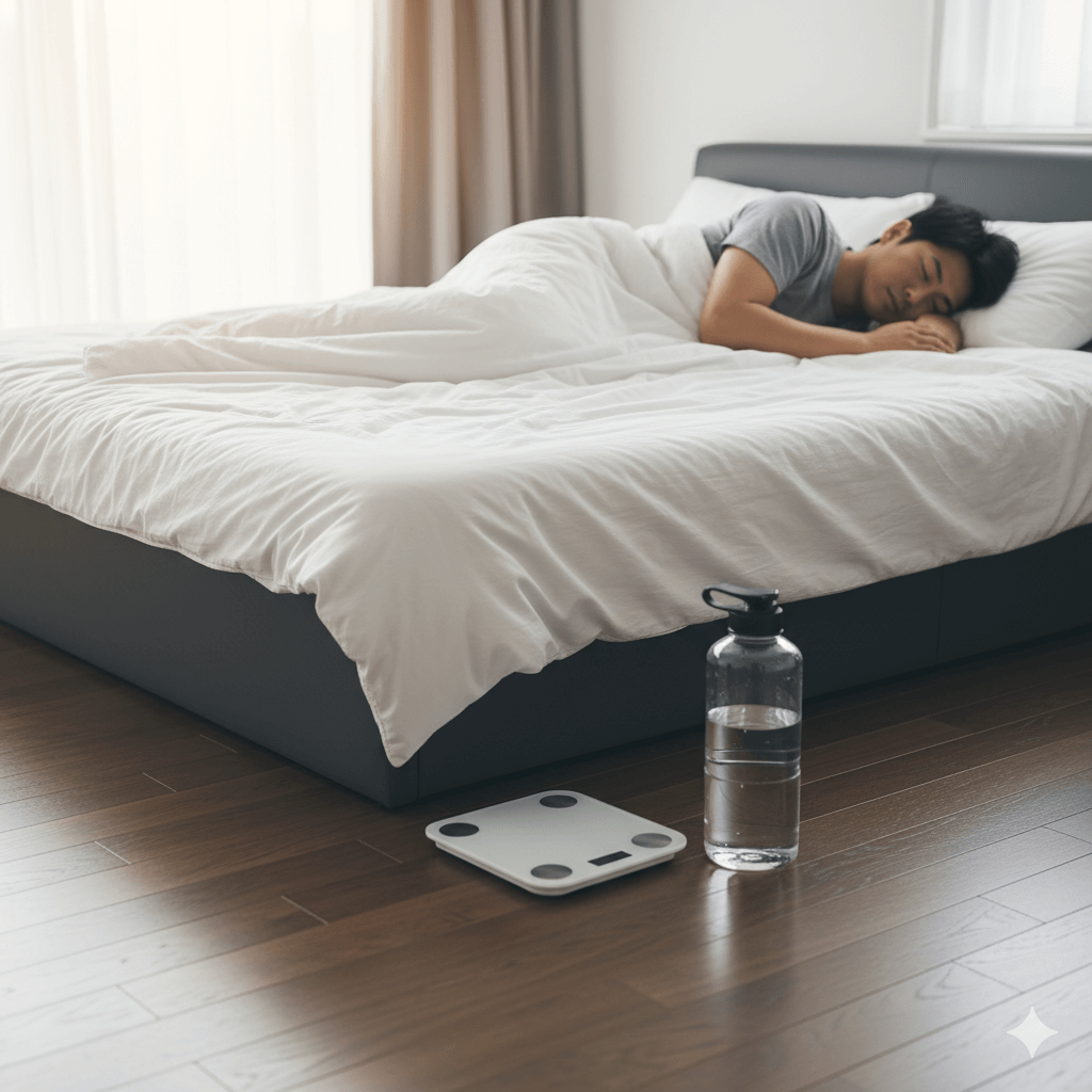 痩せ型の男性が睡眠をとり、体重や筋肉量を管理している様子を表現した写真イメージ