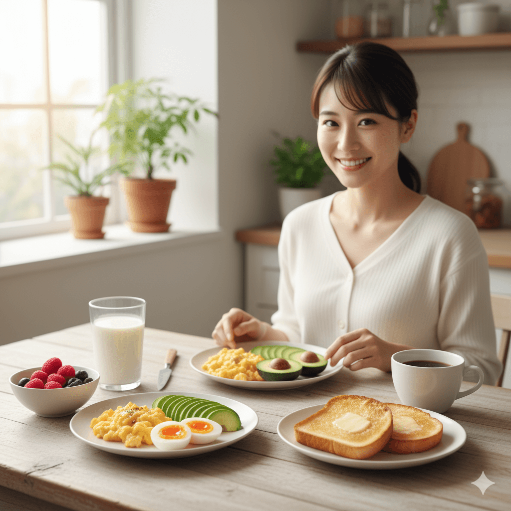 健康的な朝食テーブルに並ぶ卵料理と笑顔の女性のシーン