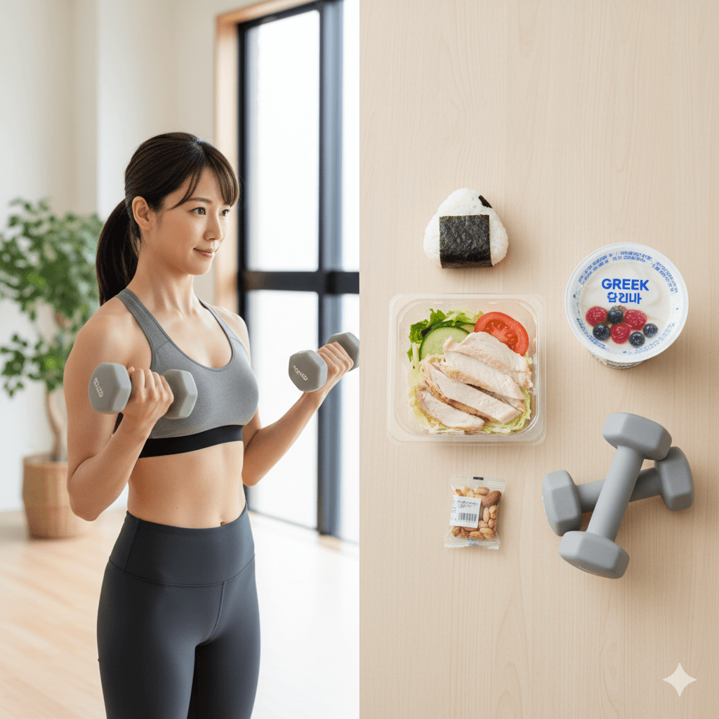 おにぎり、ホットスナック、ヨーグルト、サラダチキン、味噌汁など、太りたい人向けのコンビニ食品が並んだ写真