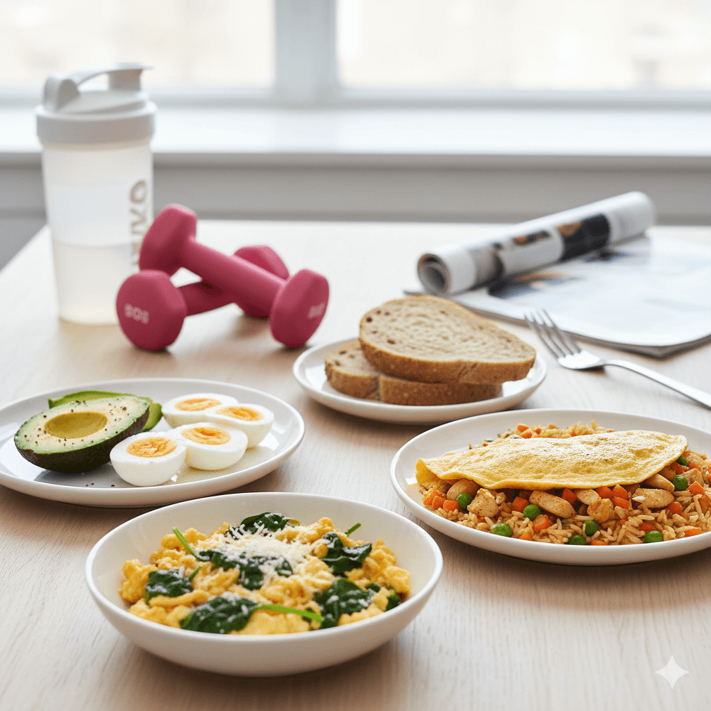 ゆで卵・スクランブルエッグ・オムレツと、ごはん・アボカド・パンを並べた増量向け食事例。背景にシェイカーがあり、筋トレ後の栄養補給をイメージした写真。