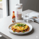 筋トレで増量したい女性向けに、卵とごはん・アボカドを使った高カロリー卵レシピの写真。ナチュラル光で撮影したヘルシー＆フィットネス風の料理イメージ。