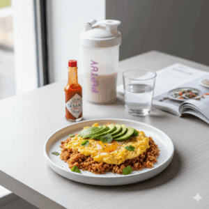 筋トレで増量したい女性向けに、卵とごはん・アボカドを使った高カロリー卵レシピの写真。ナチュラル光で撮影したヘルシー＆フィットネス風の料理イメージ。