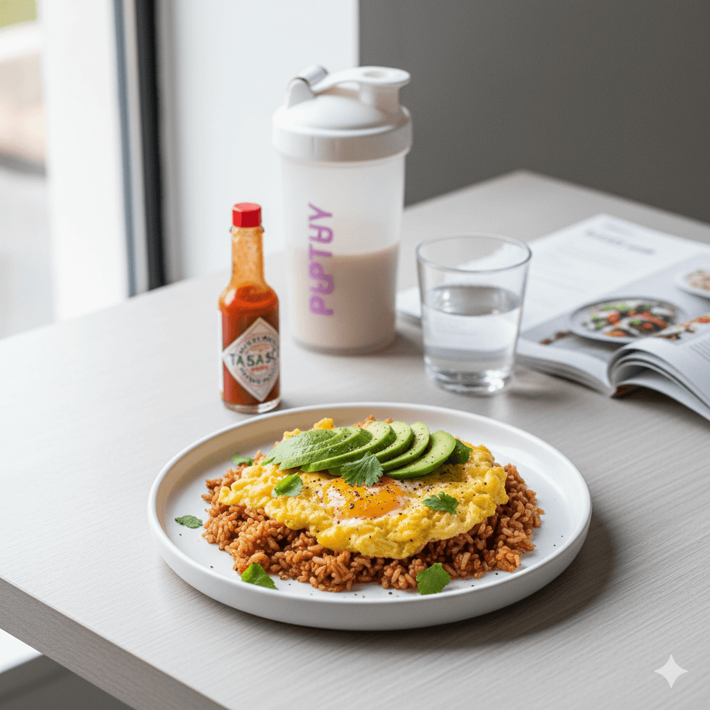 筋トレで増量したい女性向けに、卵とごはん・アボカドを使った高カロリー卵レシピの写真。ナチュラル光で撮影したヘルシー＆フィットネス風の料理イメージ。