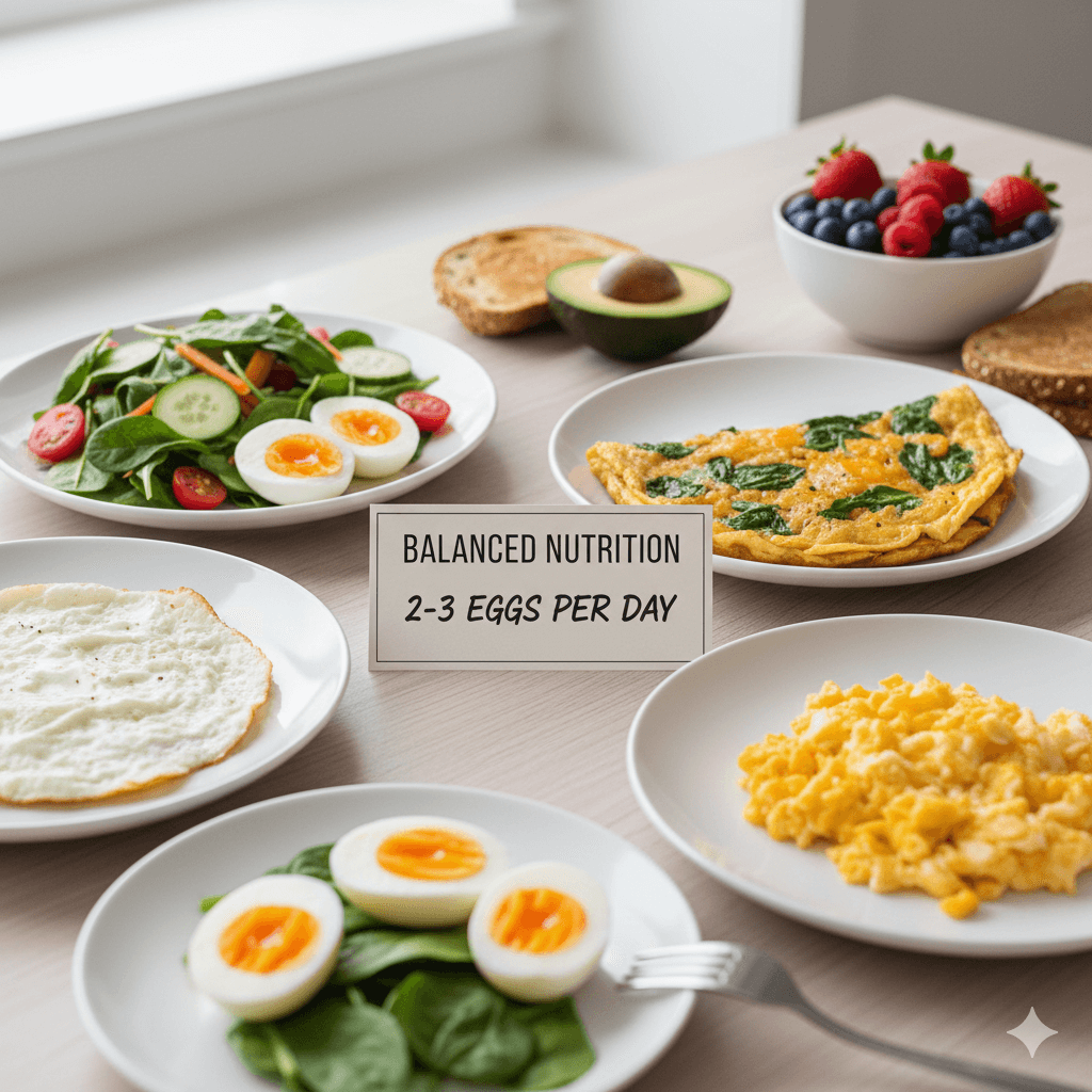 ゆで卵・オムレツ・スクランブルエッグと、サラダやフルーツを並べた“バランスよく卵を食べる”イメージ写真。安全性と栄養バランスを意識した構成。