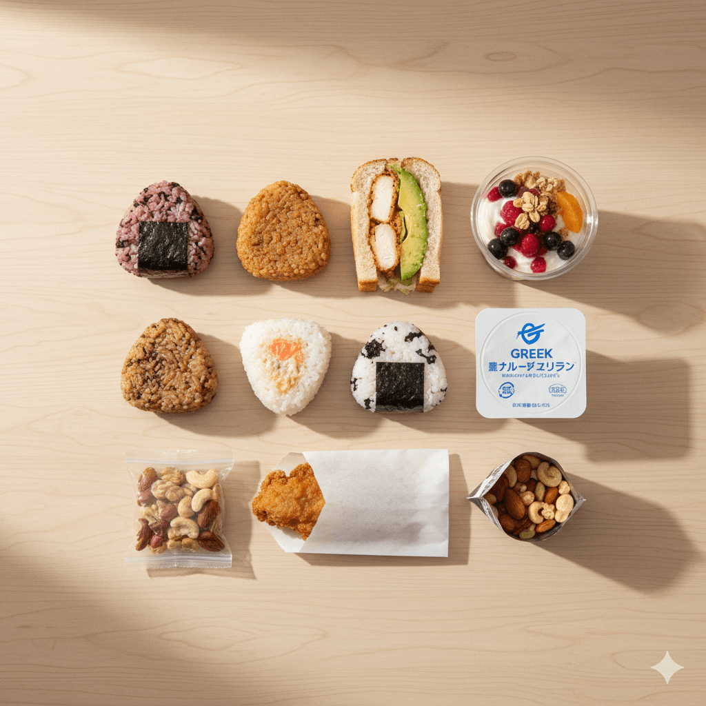 ホットスナック、サンドイッチ、おにぎり、丼もの、スイーツなどコンビニの高カロリー食品が並んだ写真
