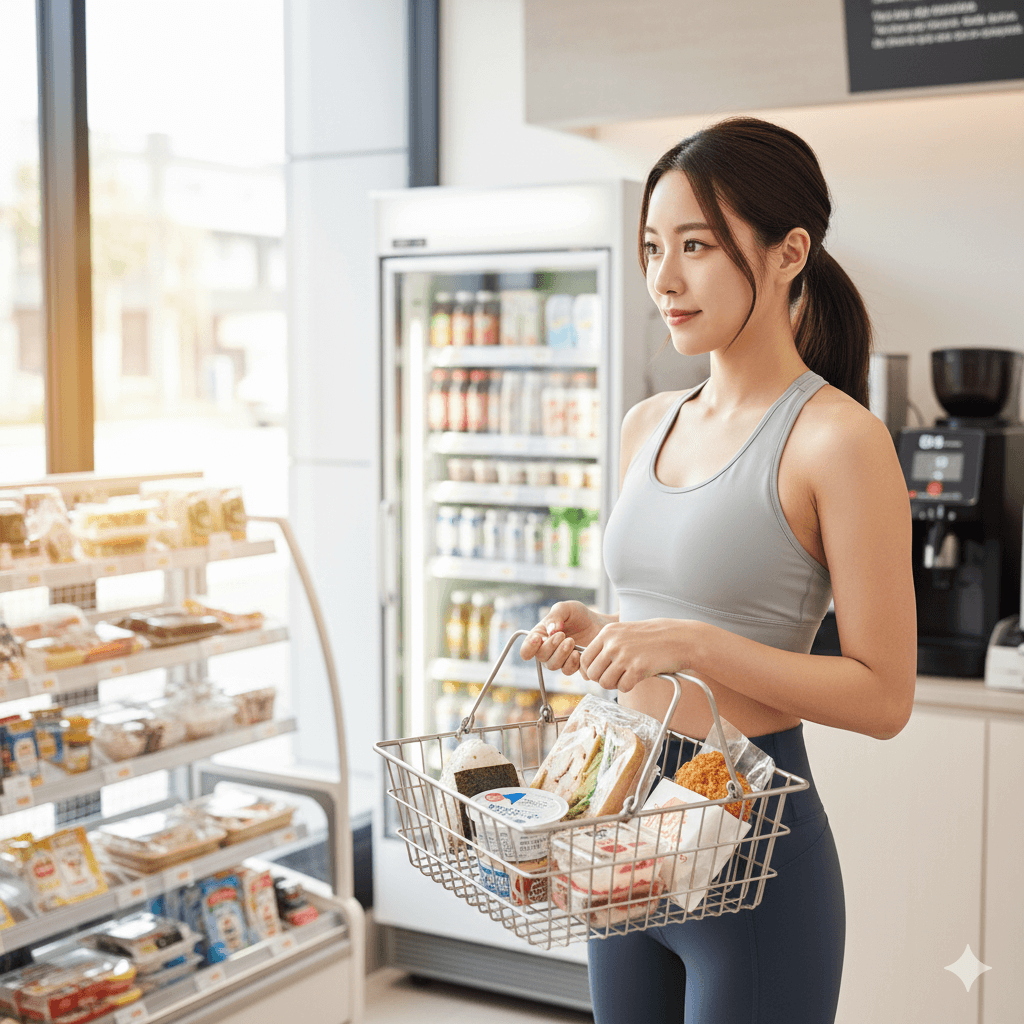 コンビニでおにぎりやサンドイッチなどの食品を選んでいる女性の写真
