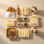 コンビニで買える高カロリー食品（おにぎり、サンドイッチ、ホットスナック、スイーツなど）が並べられた写真