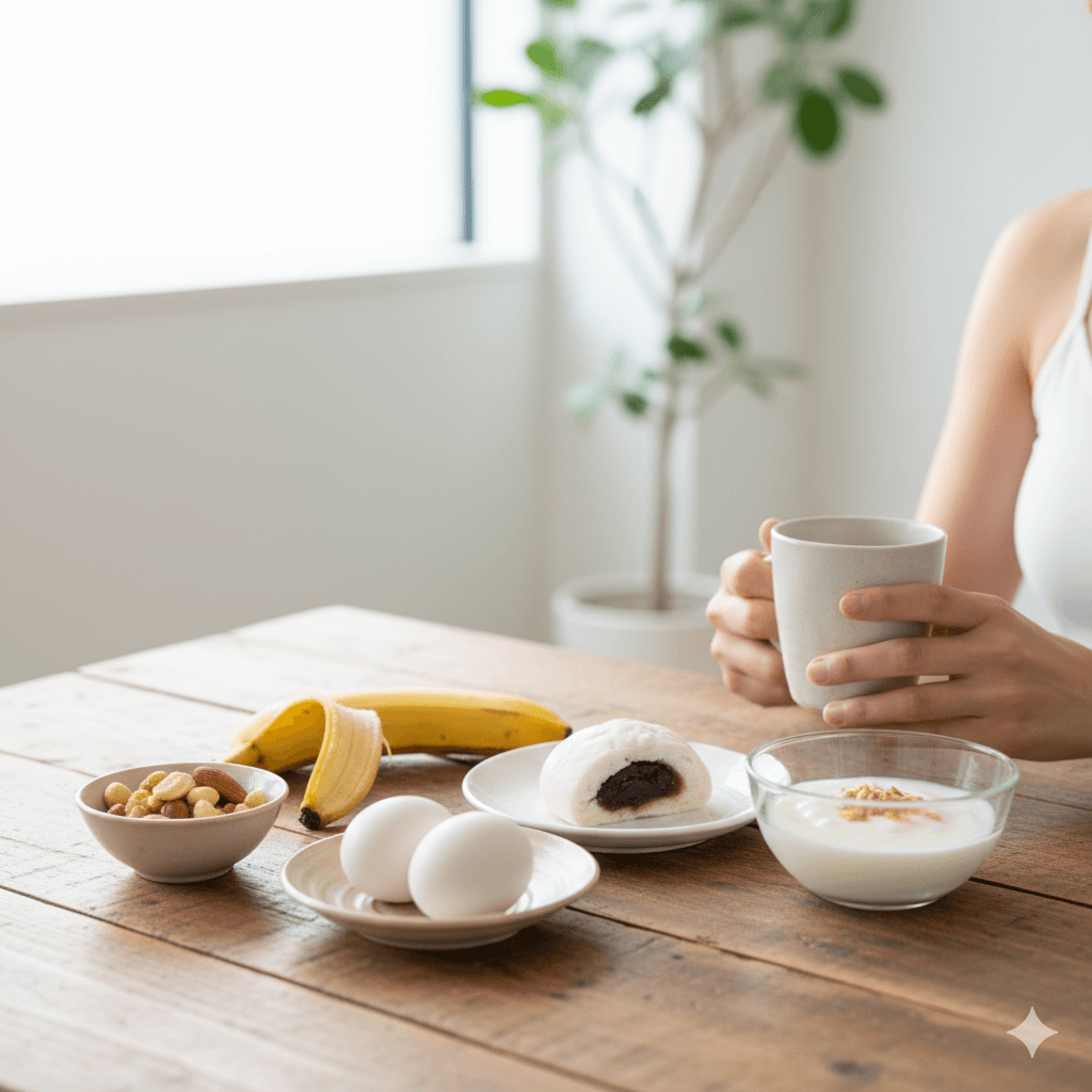 健康的に太るためのおやつとしてナッツや和菓子、卵、ヨーグルトが並んだ食卓の写真