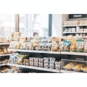 痩せ型の女性向けに、コンビニで買える増量向け食品（おにぎり・サンドイッチ・ナッツ・ヨーグルトなど）が明るくスタイリッシュに並んでいるイメージ画像