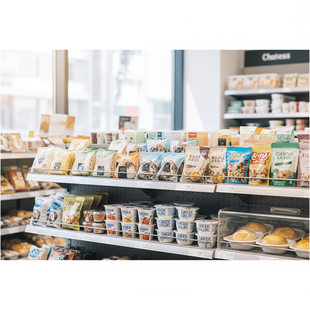 痩せ型の女性向けに、コンビニで買える増量向け食品（おにぎり・サンドイッチ・ナッツ・ヨーグルトなど）が明るくスタイリッシュに並んでいるイメージ画像