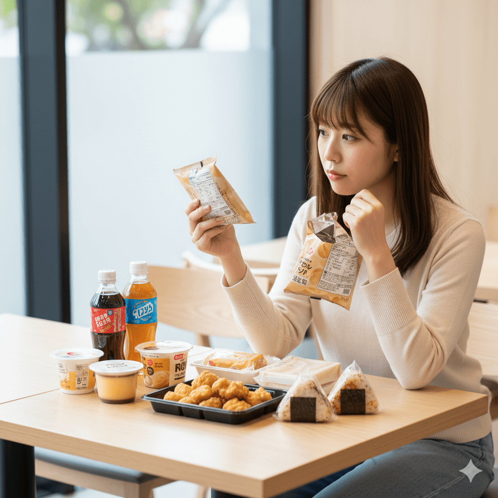 コンビニで買ったスイーツや揚げ物、おにぎり、飲み物を前に、どれを選ぶか悩みながら栄養成分表示を見ている20代女性のリアルな写真風イメージ
