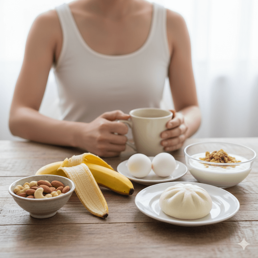 健康的に太るためのおやつとしてナッツや和菓子、卵、ヨーグルトが並んだ食卓の写真