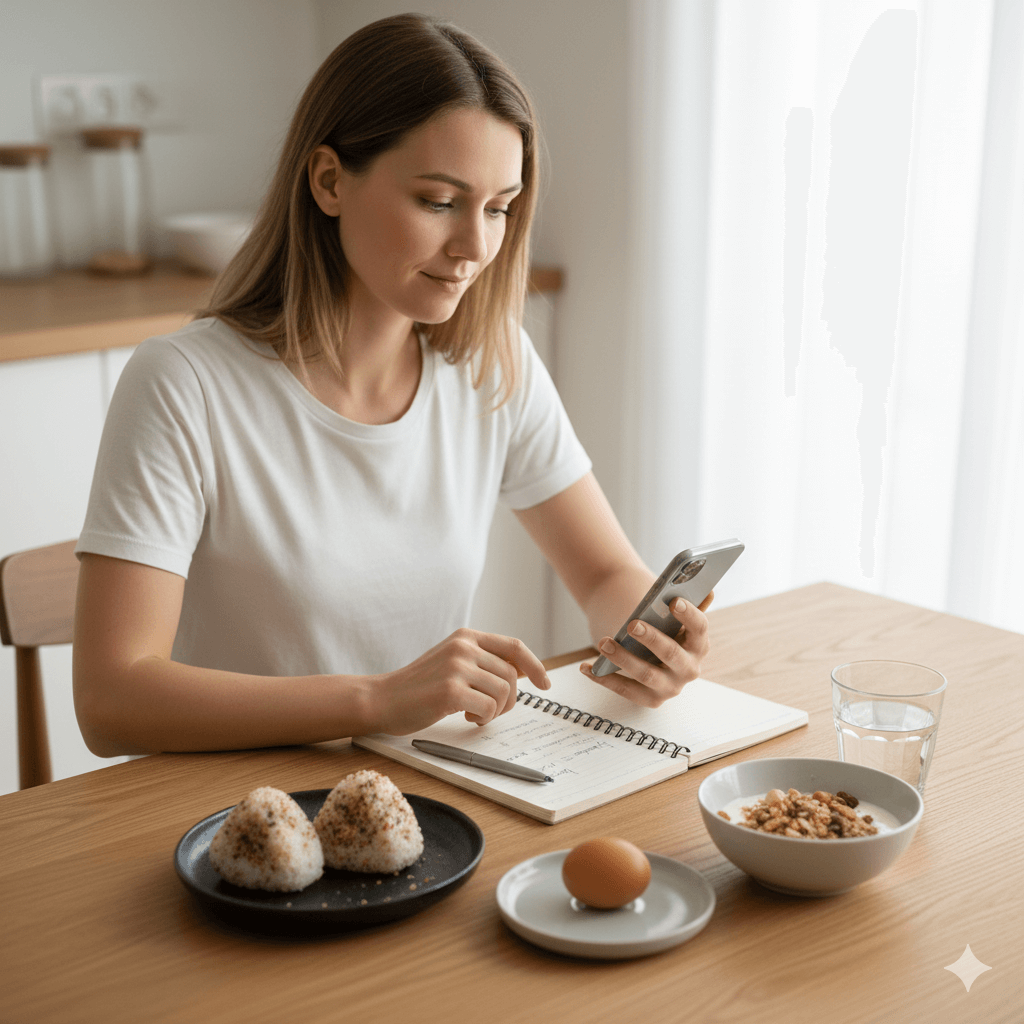 健康的に太るためのおやつや食事について考えている女性の様子の写真