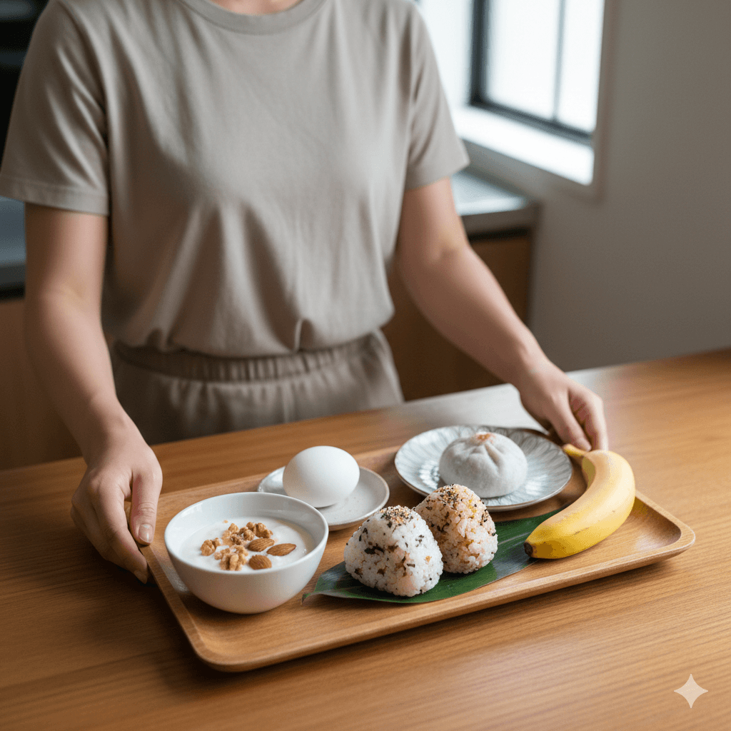健康的に太るための補食としてヨーグルトやナッツ、おにぎり、卵、バナナ、和菓子が並ぶ写真